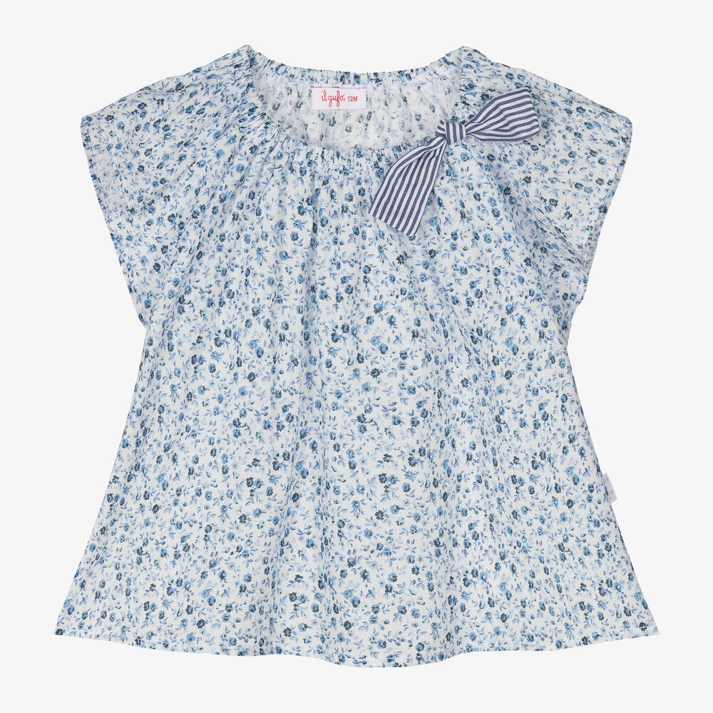 Il Gufo - Girls Blue Floral Cotton Blouse | Childrensalon