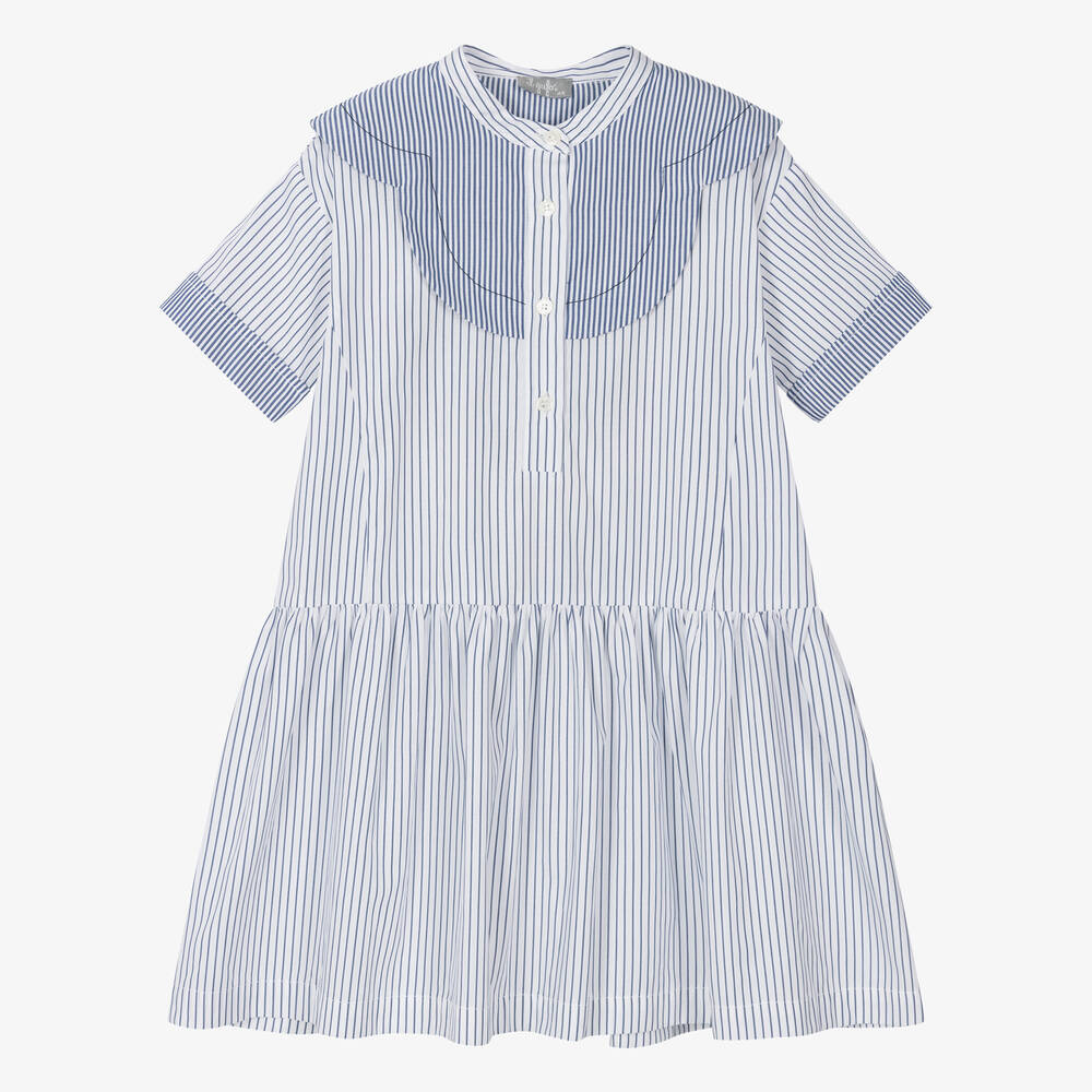 Il Gufo Babies' Girls Blue Stripe Cotton Shirt Dress