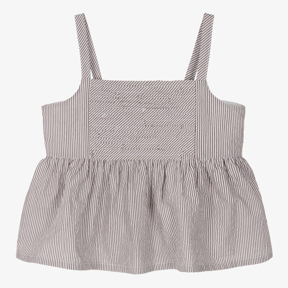 Il Gufo - Girls Brown Striped Cotton Blouse | Childrensalon