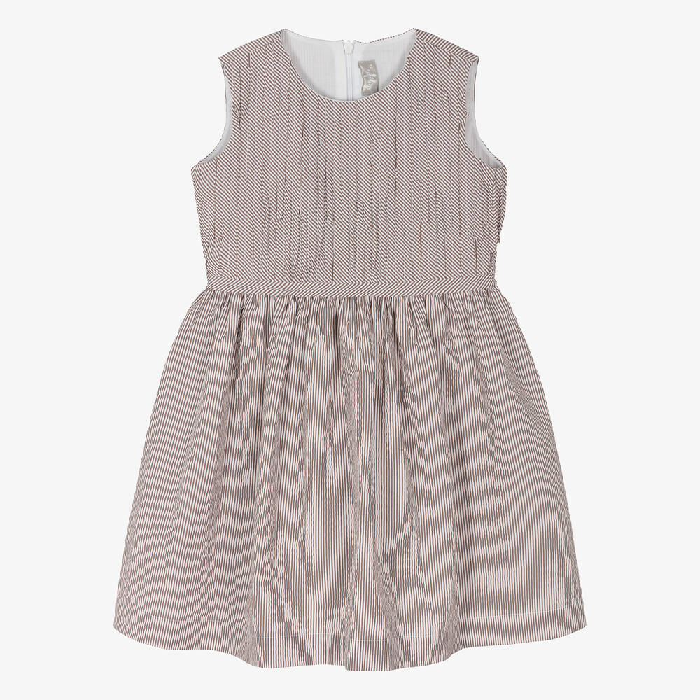 Il Gufo - Girls Brown Striped Cotton Dress | Childrensalon