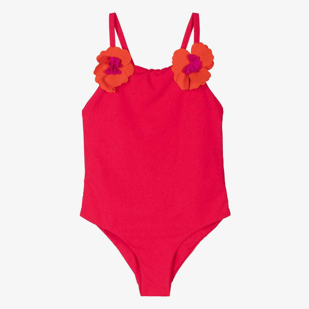 Il Gufo - Girls Dark Pink Flower Swimsuit  | Childrensalon