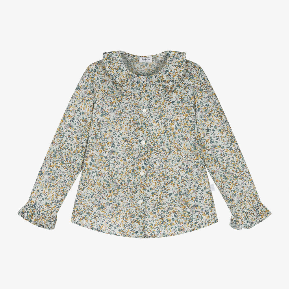 Il Gufo - Girls Green Floral Cotton Blouse | Childrensalon