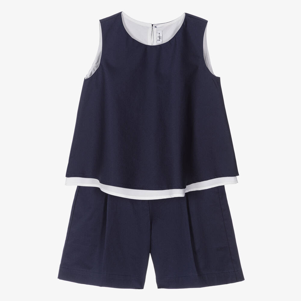 Il Gufo - Girls Navy Blue Cotton Poplin Shorts Set  | Childrensalon