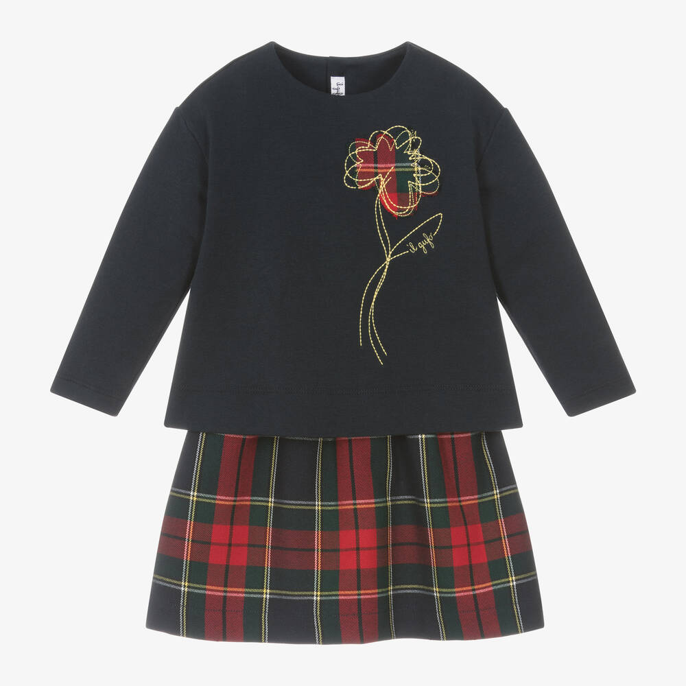 Il Gufo - Girls Navy Blue Cotton Tartan Skirt Set | Childrensalon