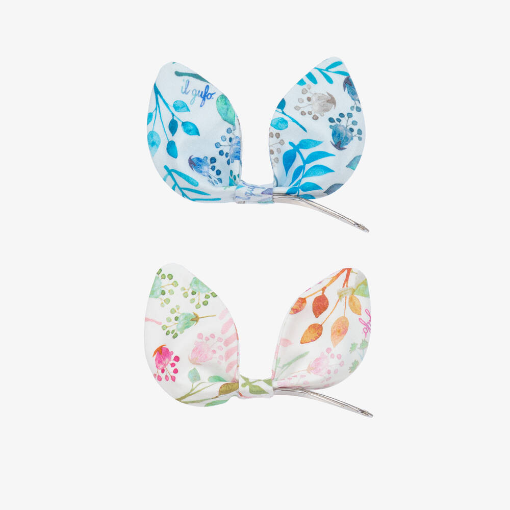 Il Gufo - Girls Pink & Blue Floral Bow Hair Clips (2 Pack) | Childrensalon