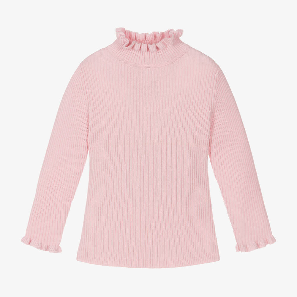 Il Gufo - Girls Pink Frill Polo Neck Wool Jumper | Childrensalon