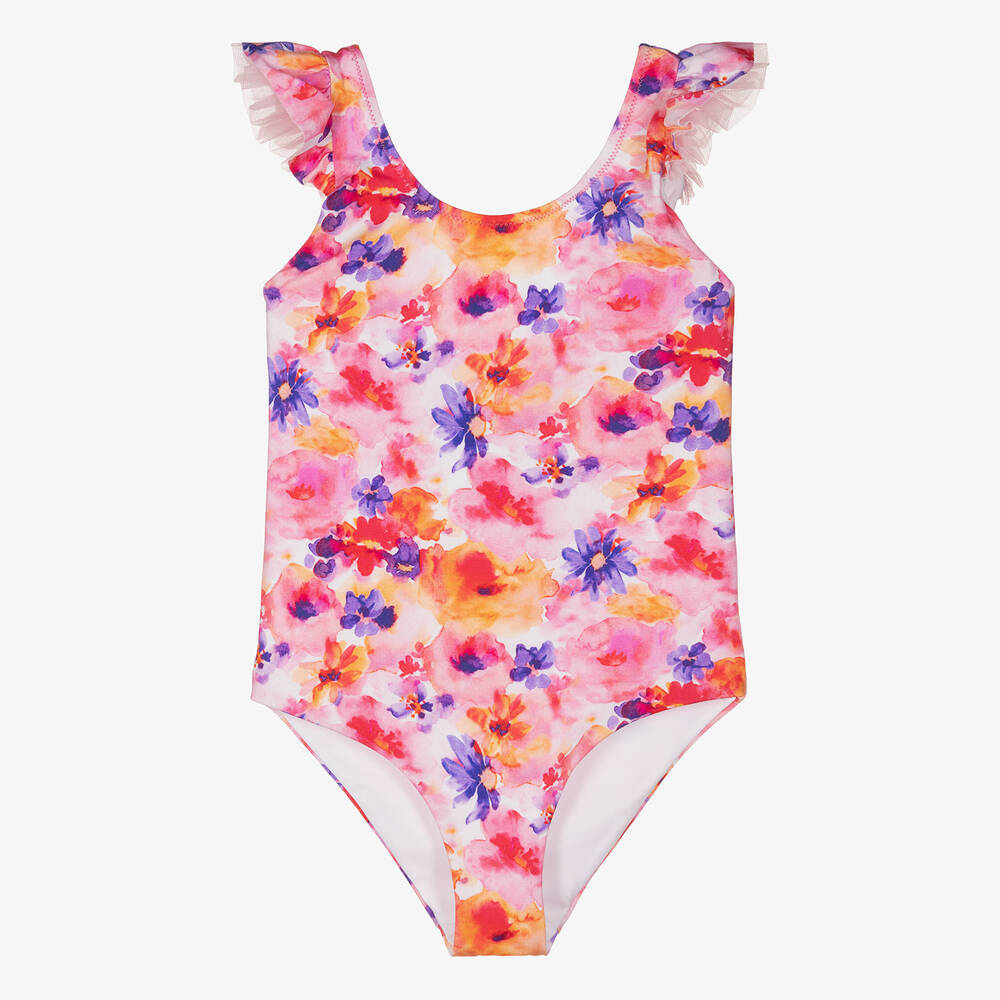 Il Gufo - Girls Pink Watercolour Floral Swimsuit  | Childrensalon