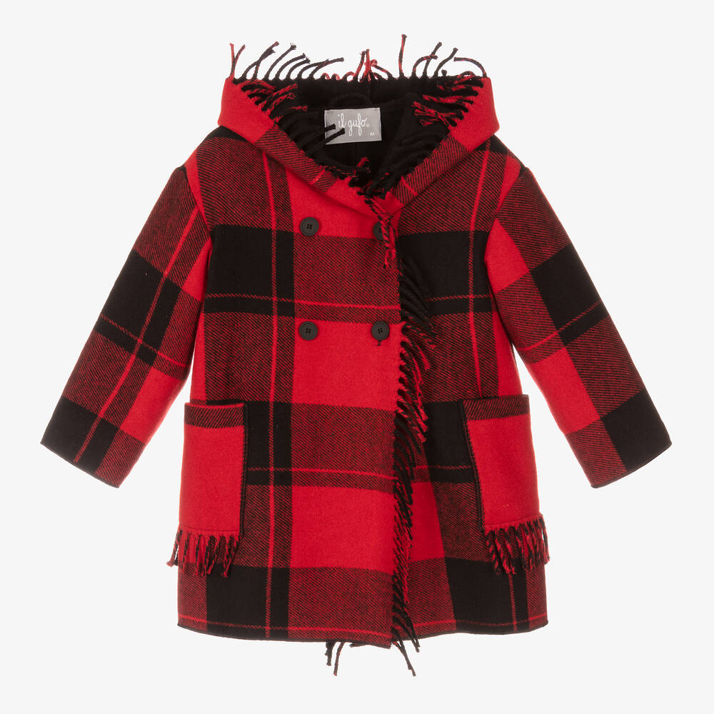 Il Gufo - Красное шерстяное пальто в клетку для девочек | Childrensalon