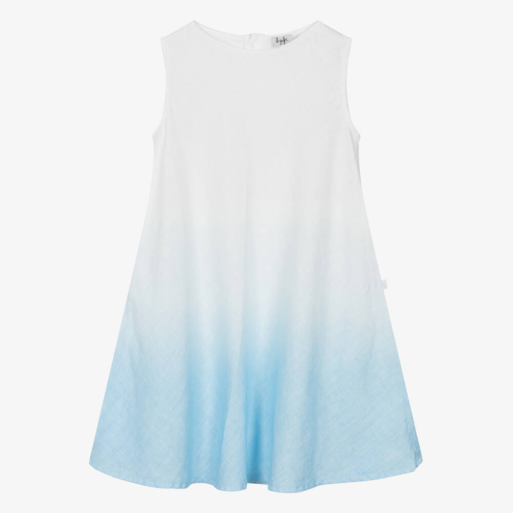 Il Gufo - فستان كتان لون أبيض وأزرق أومبري | Childrensalon