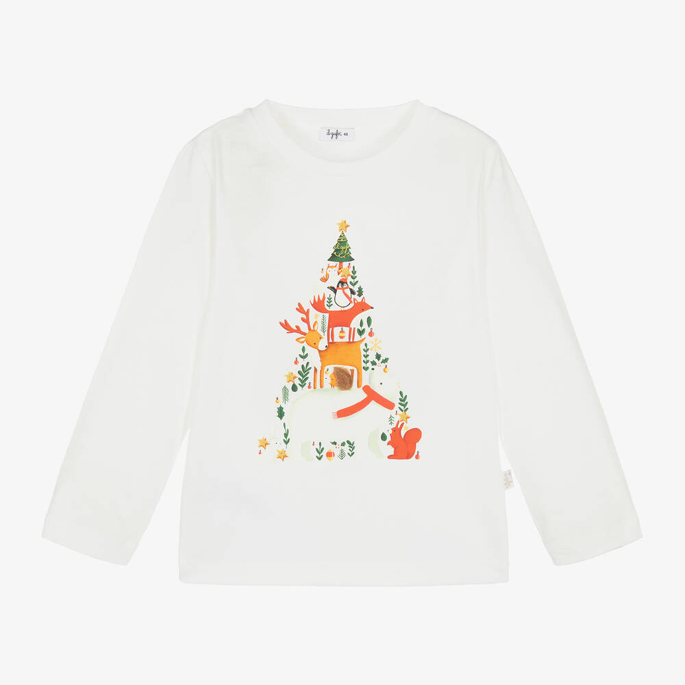 Il Gufo - Girls White Cotton Christmas Tree Top | Childrensalon