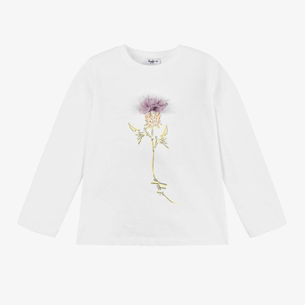 Il Gufo - Girls White Cotton Flower Top | Childrensalon