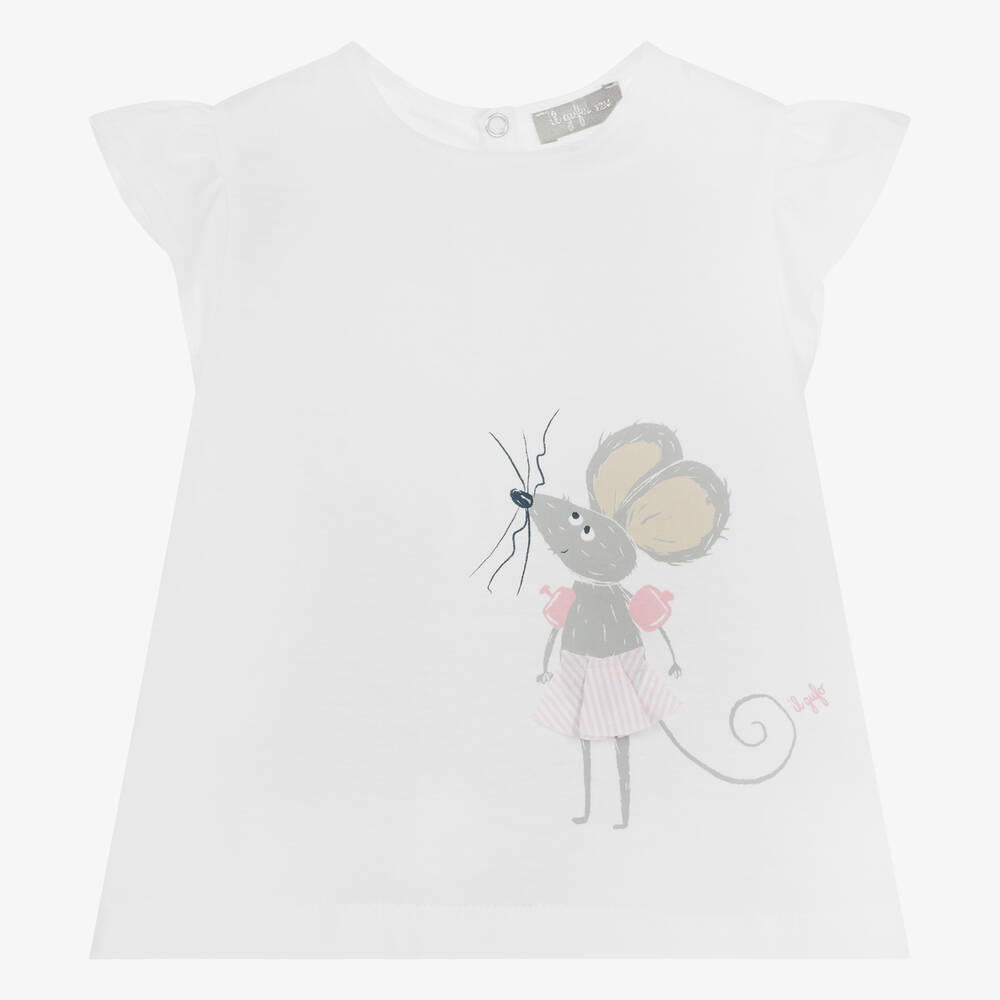 Il Gufo - Белая хлопковая футболка с мышкой для девочек | Childrensalon