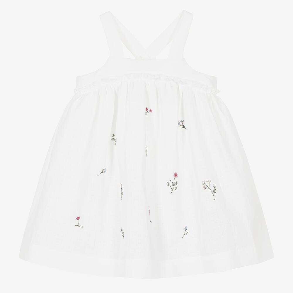 Il Gufo - Girls White Linen Pinafore Dress | Childrensalon