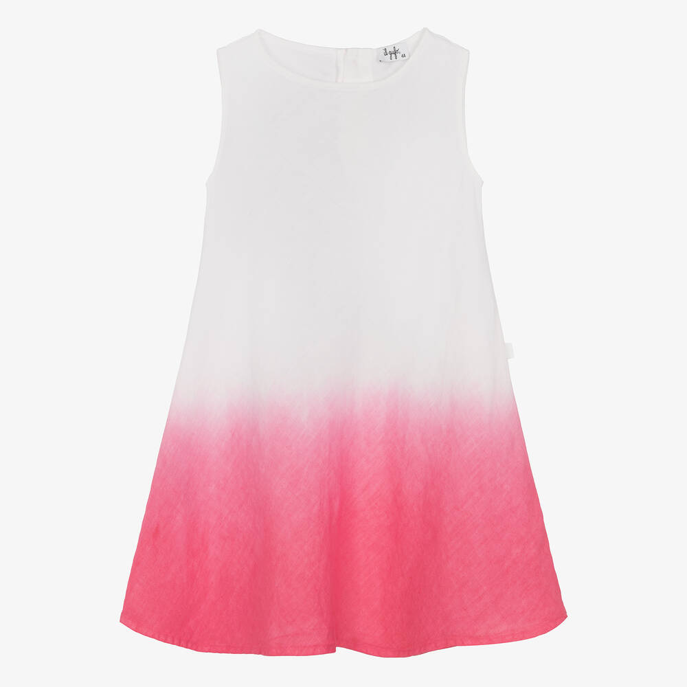 Il Gufo - Girls White & Pink Linen Ombré Dress | Childrensalon