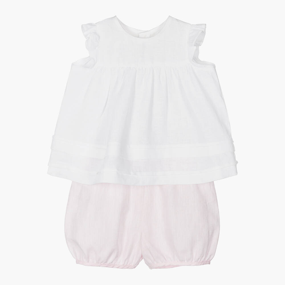 Il Gufo - Girls White & Pink Linen Shorts Set | Childrensalon