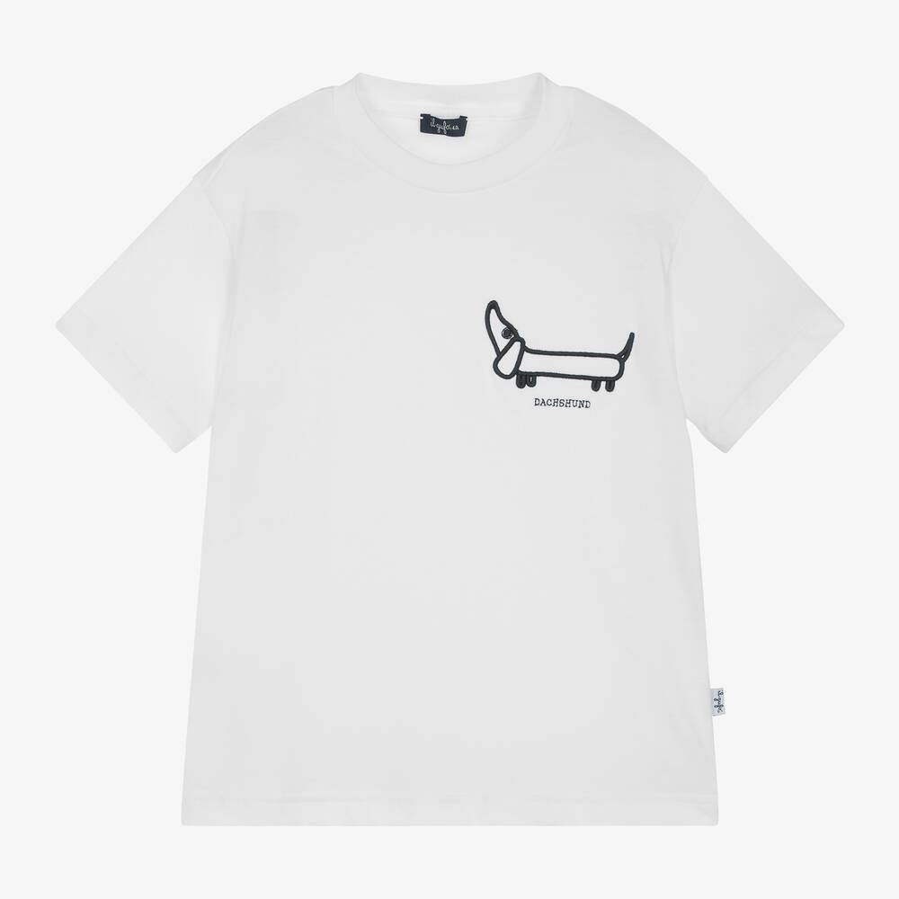 Il Gufo - White Cotton Embroidered Dog T-Shirt | Childrensalon