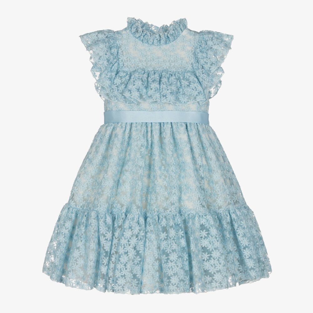 Irpa - Girls Blue Embroidered Tulle Dress | Childrensalon