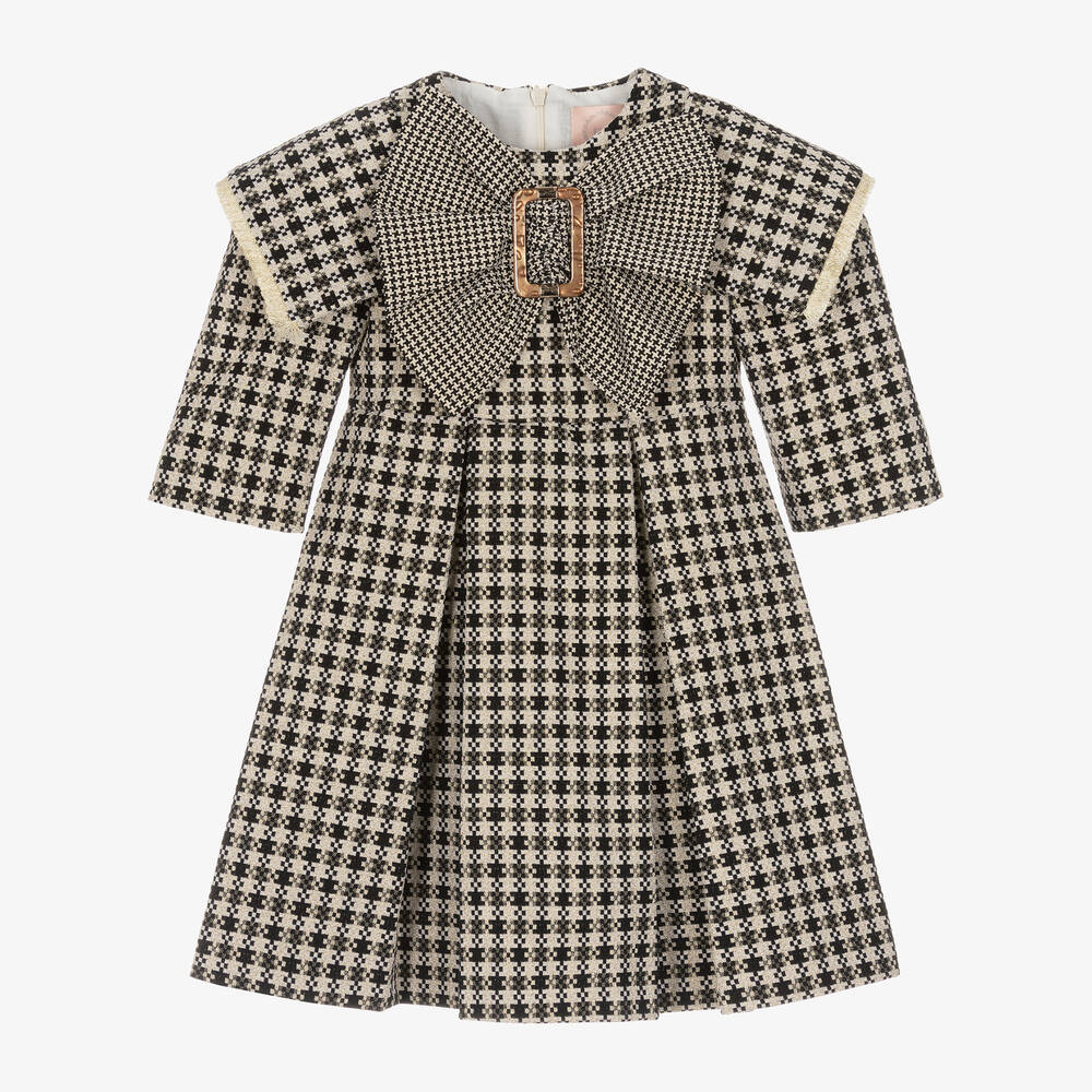 Irpa - Girls Ivory & Black Houndstooth Check Bow Dress | Childrensalon