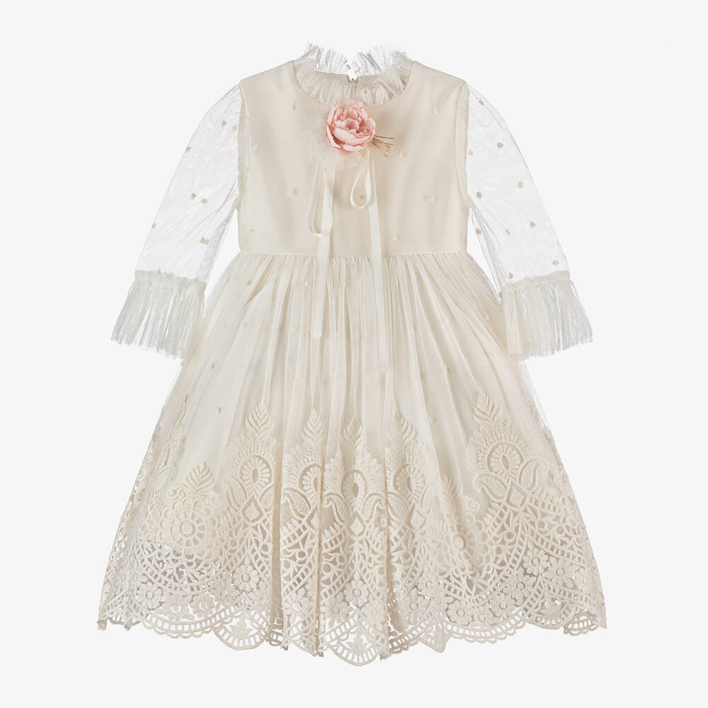 Irpa - Girls Ivory Embroidered Tulle Dress | Childrensalon
