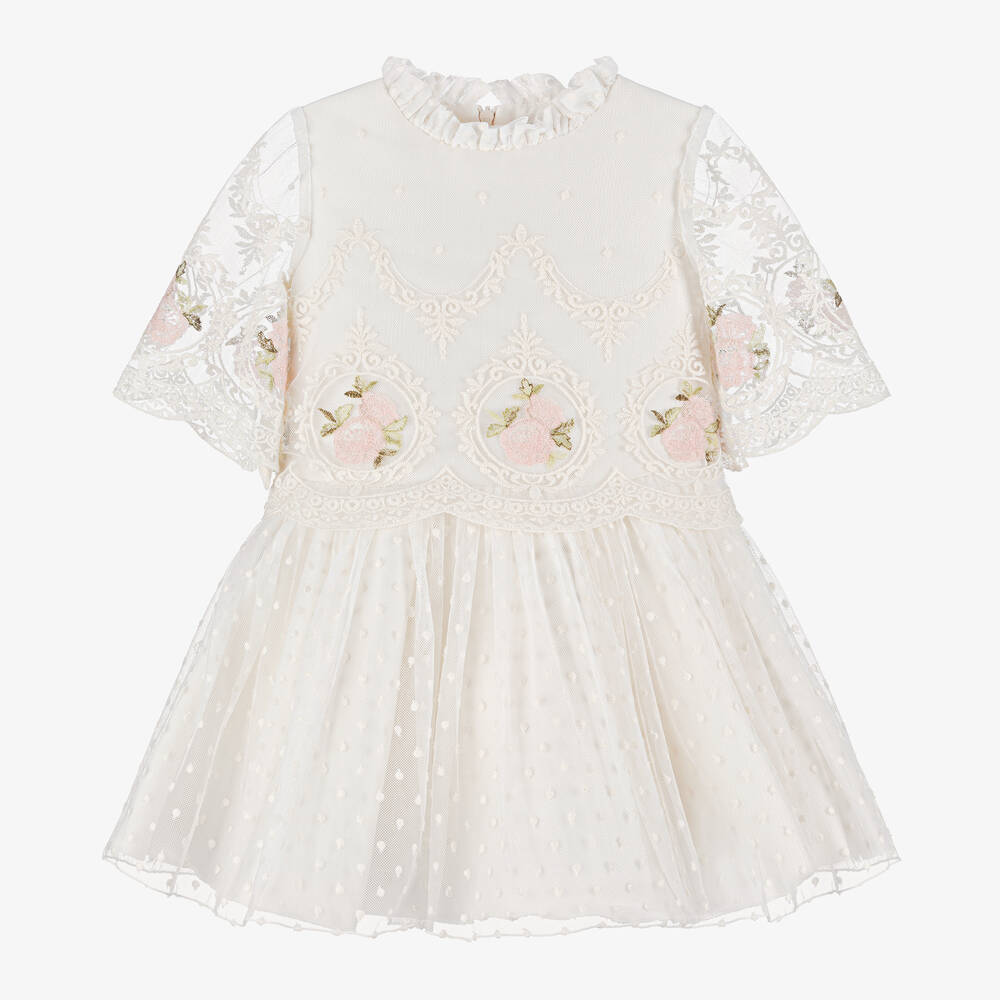 Irpa - Girls Ivory Embroidered Tulle Dress | Childrensalon