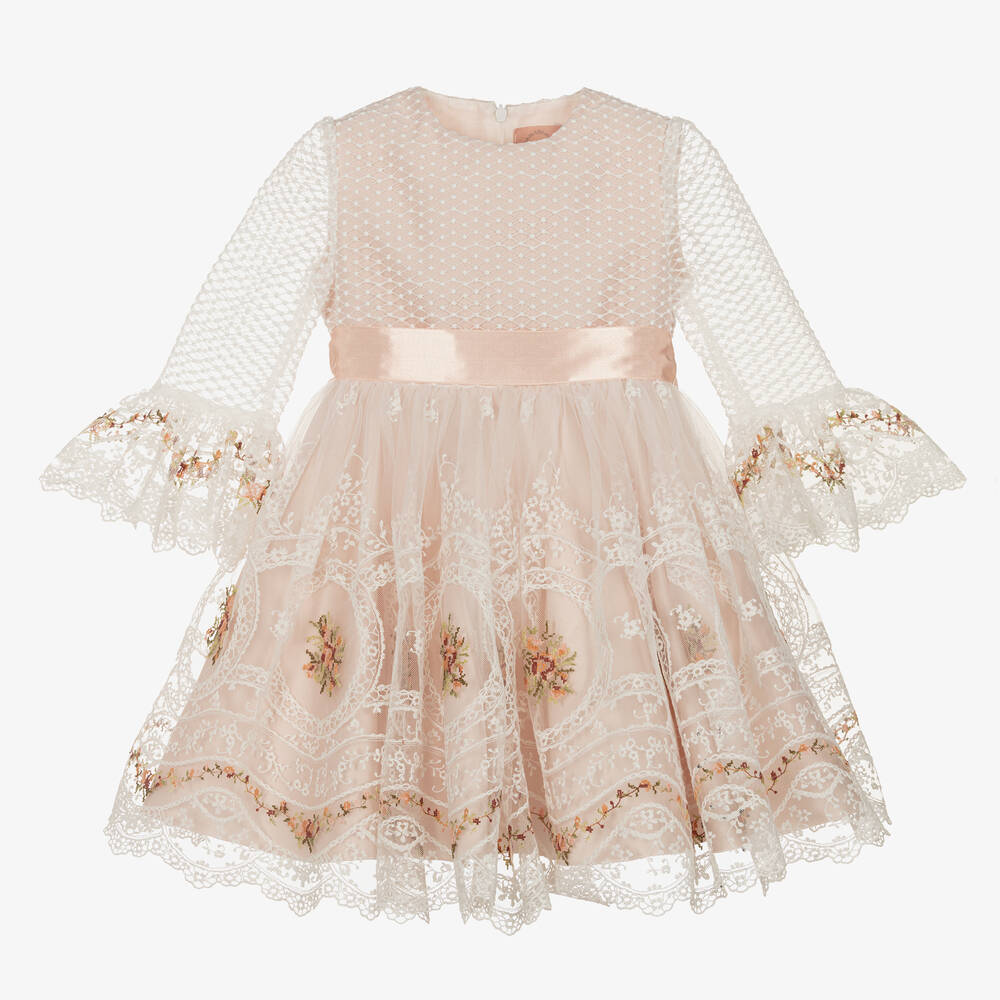 Irpa Kids' Girls Ivory Embroidered Tulle Dress In Pink