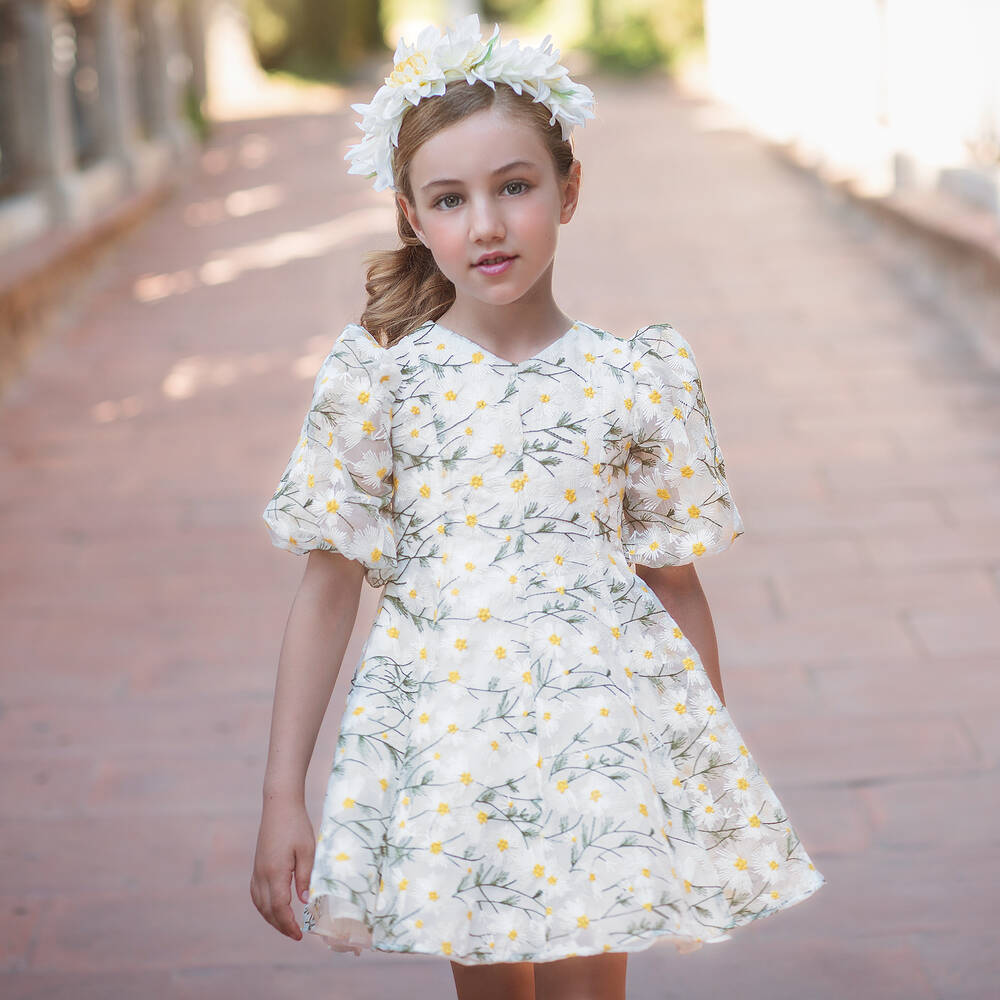 Irpa-Girls White Organza Daisy Dress | Childrensalon
