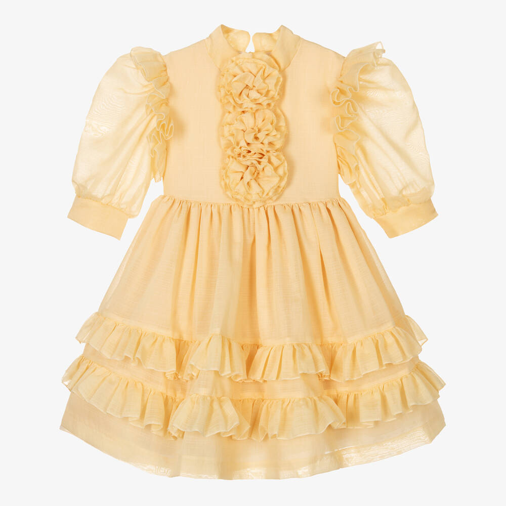 Irpa - Girls Yellow Puffed Sleeve Dress | Childrensalon
