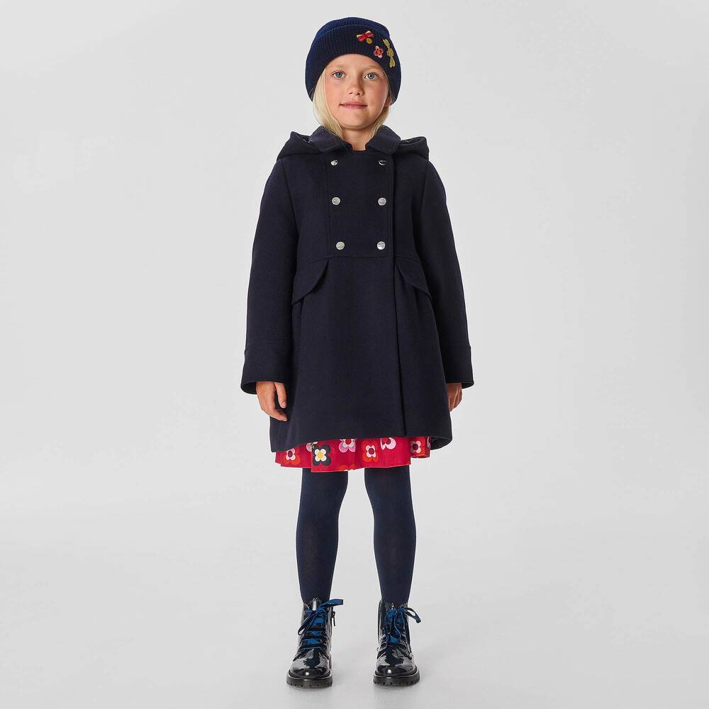 Jacadi Paris - Girls Blue Hooded Wool Coat | Childrensalon