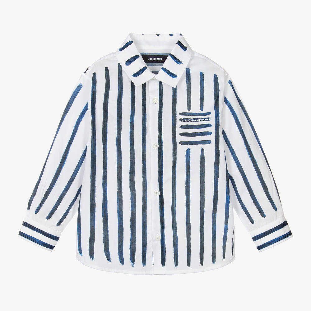 JACQUEMUS - Boys White & Blue Stripe Cotton Shirt | Childrensalon