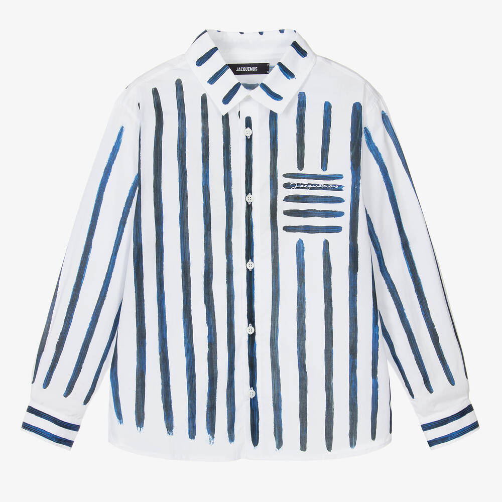 JACQUEMUS - Белая рубашка из хлопка в синюю полоску для мальчиков-подростков | Childrensalon
