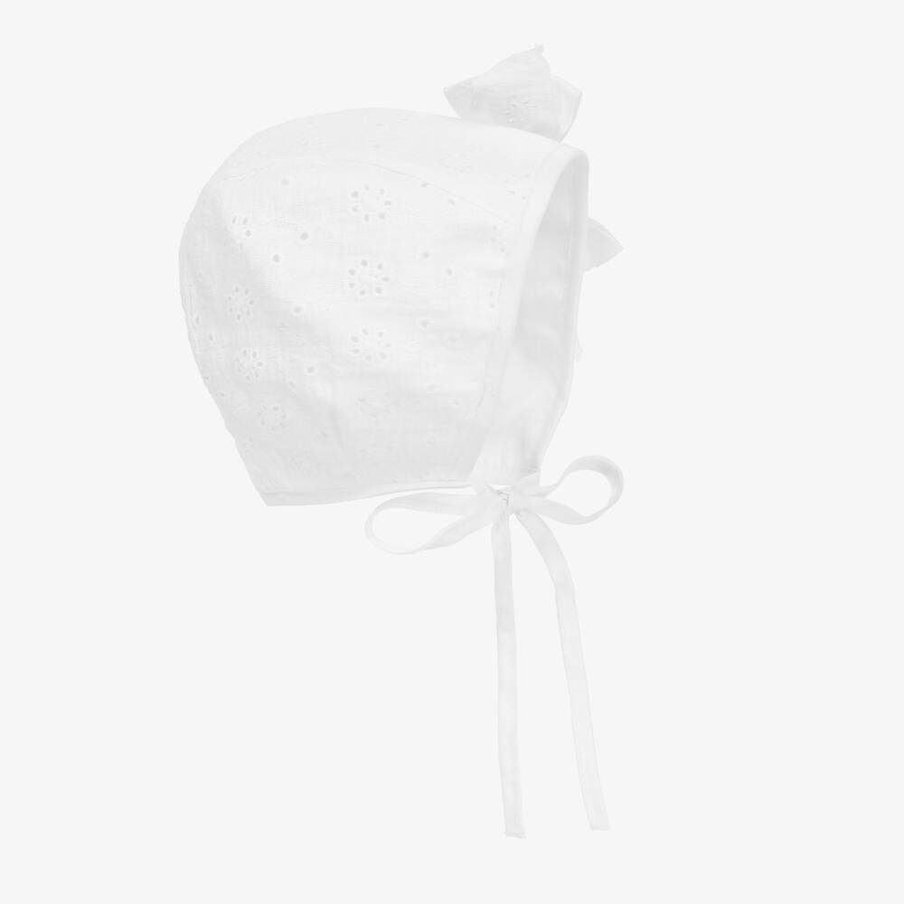 Jamiks - قبعة بونيه قطن عضوي برودوري لون أبيض للمولودات | Childrensalon