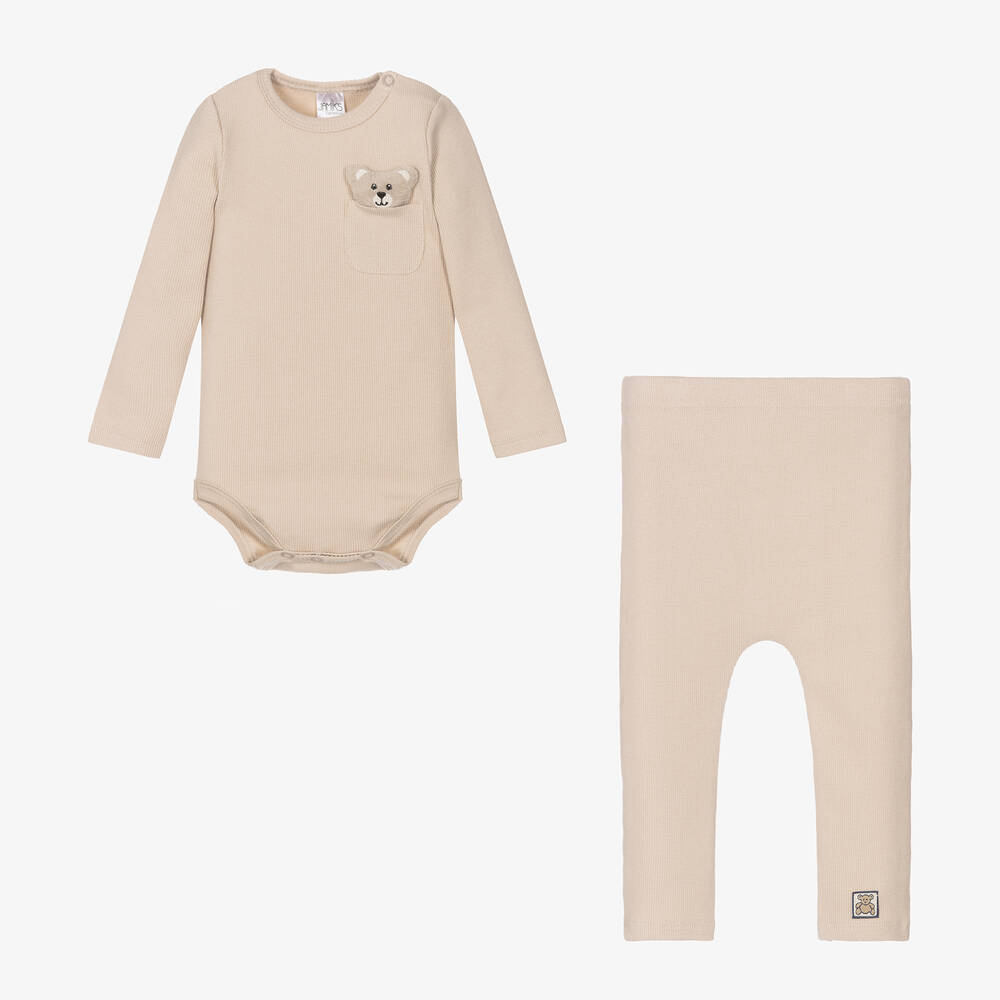 Jamiks - Beige Cotton Baby Trouser Set | Childrensalon