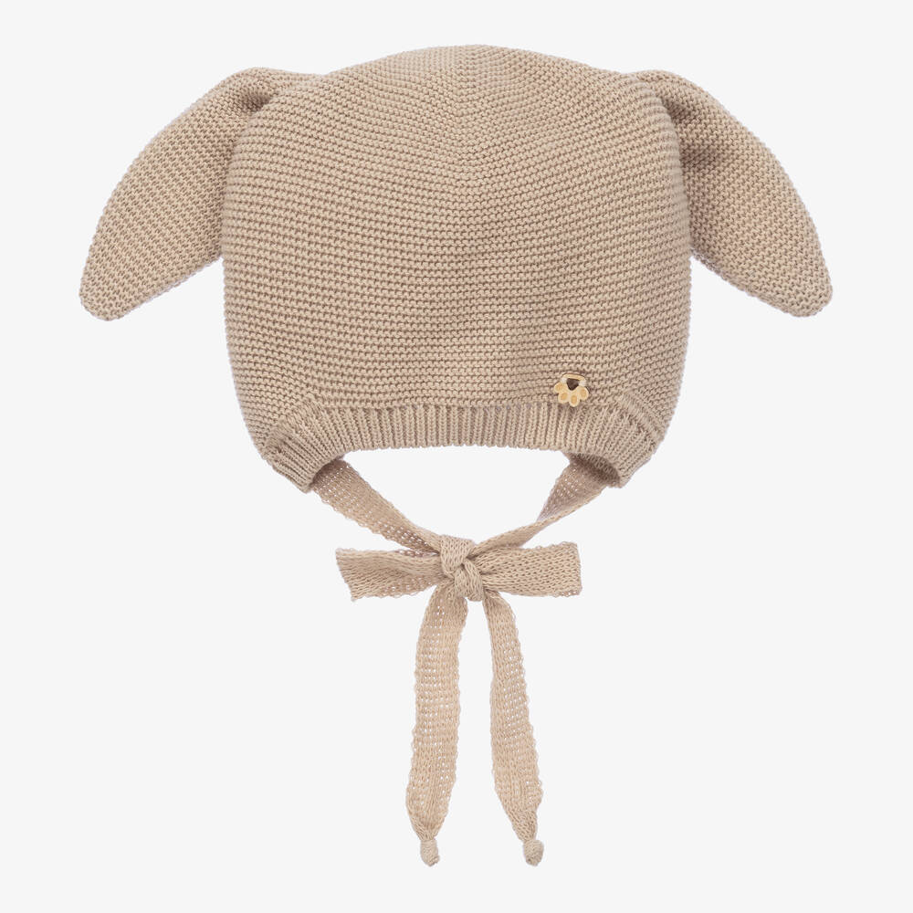 Jamiks - Beige Cotton Knit Bunny Ears Baby Hat | Childrensalon