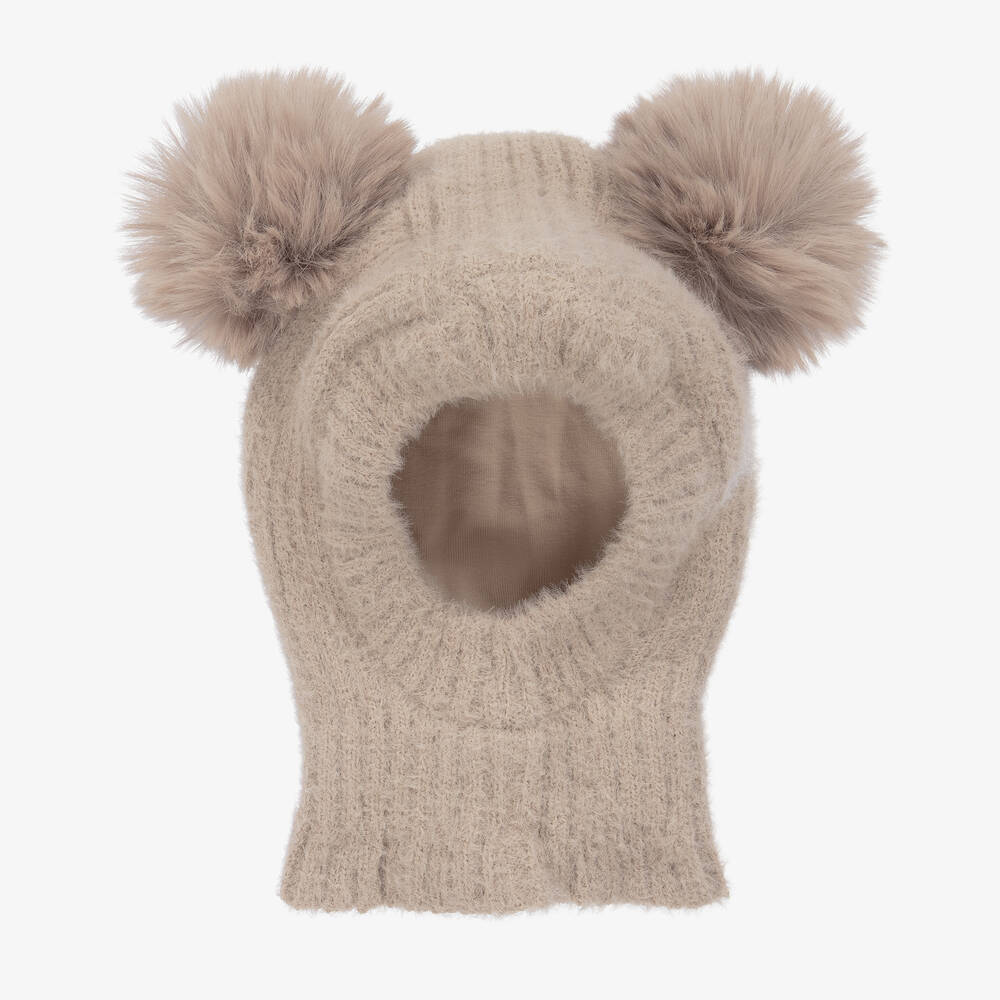 Jamiks - Beige Fluffy-Knit Pom-Pom Balaclava | Childrensalon