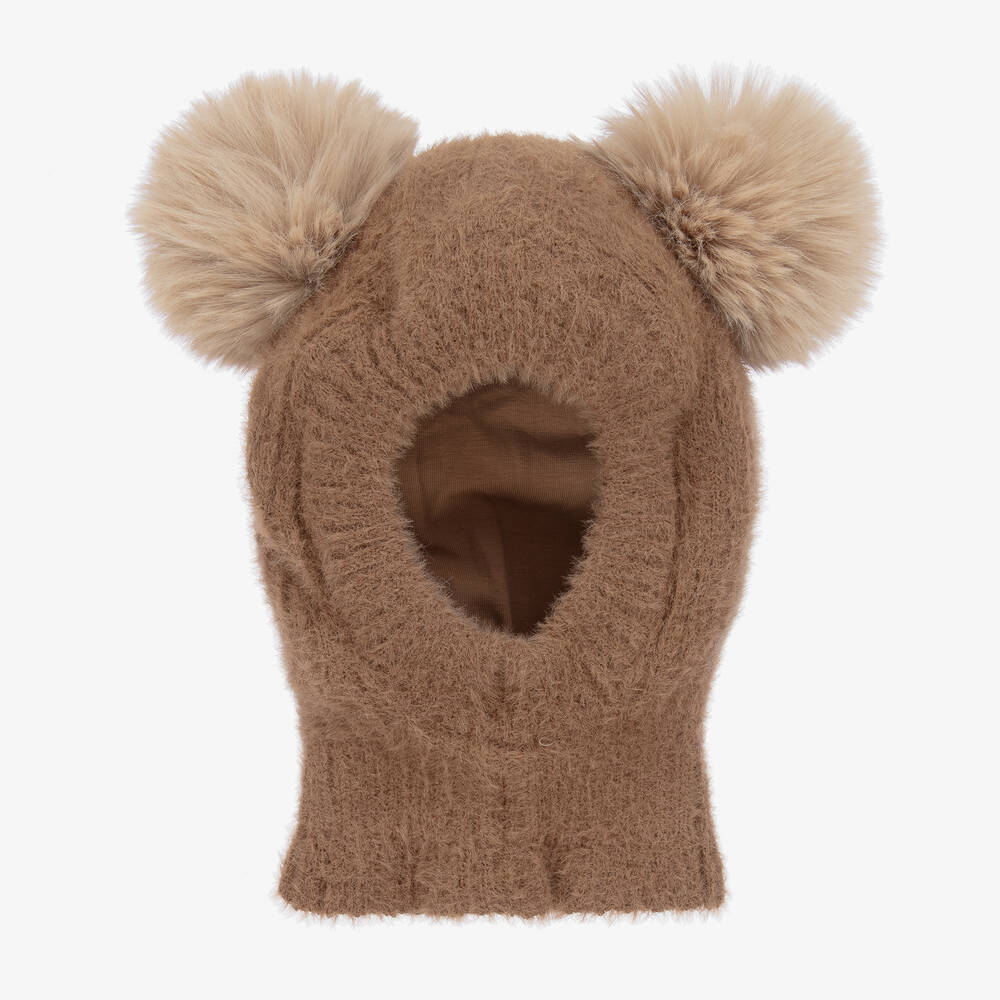 Jamiks - Brown Fluffy-Knit Pom-Pom Balaclava | Childrensalon