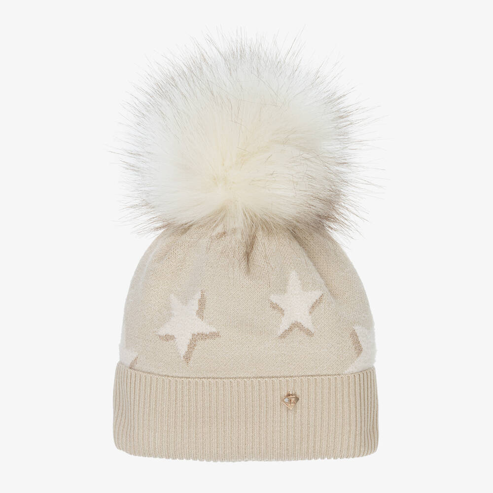 Jamiks - Girls Beige Knitted Star Pom-Pom Hat | Childrensalon