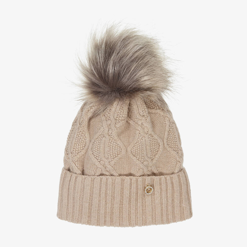 Jamiks - Girls Beige Wool & Viscose Pom-Pom Hat | Childrensalon