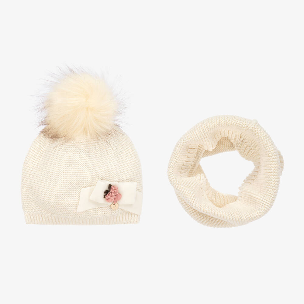 Jamiks - Girls Ivory Knitted Hat & Snood Set | Childrensalon