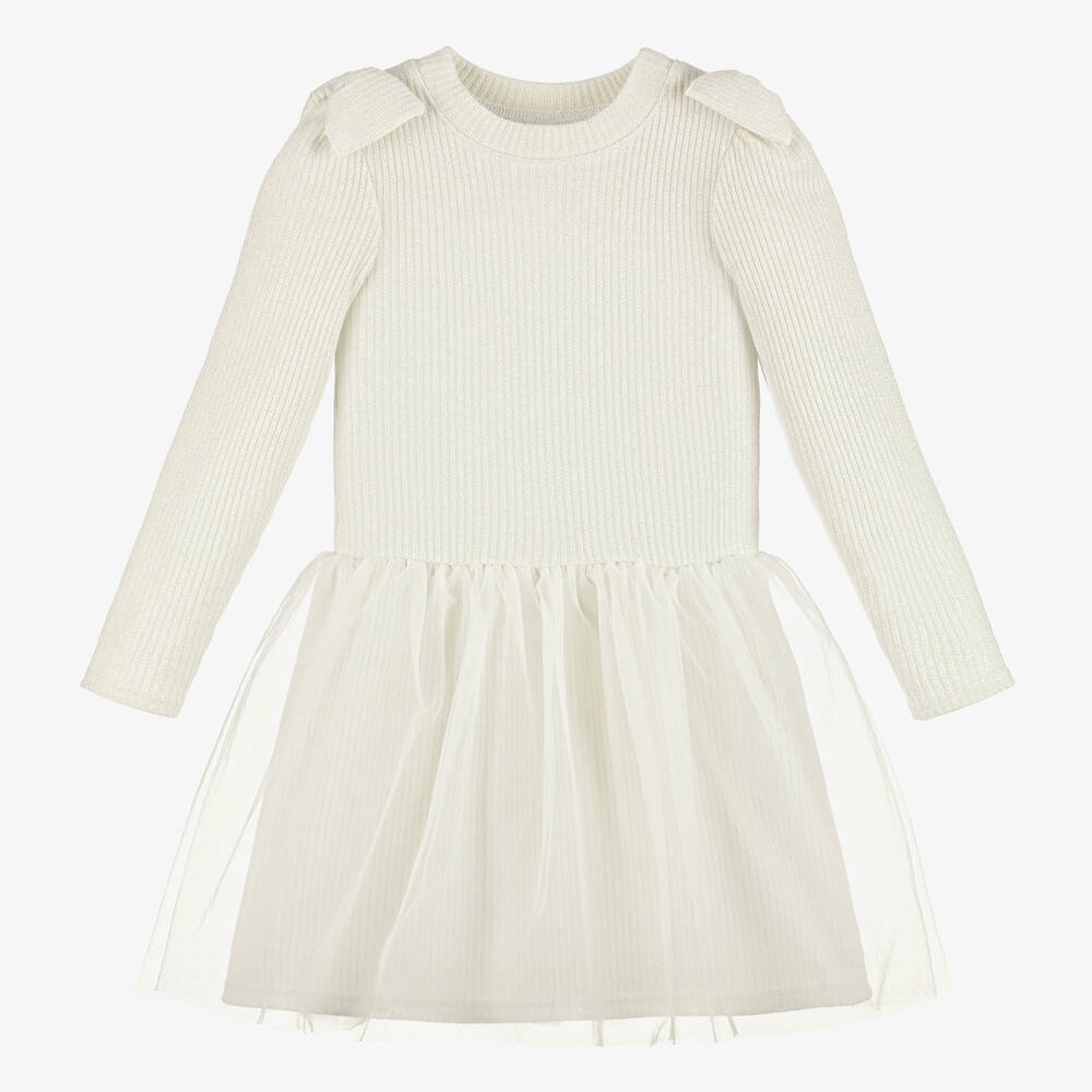 Jamiks - Girls Ivory Ribbed Viscose & Tulle Dress | Childrensalon