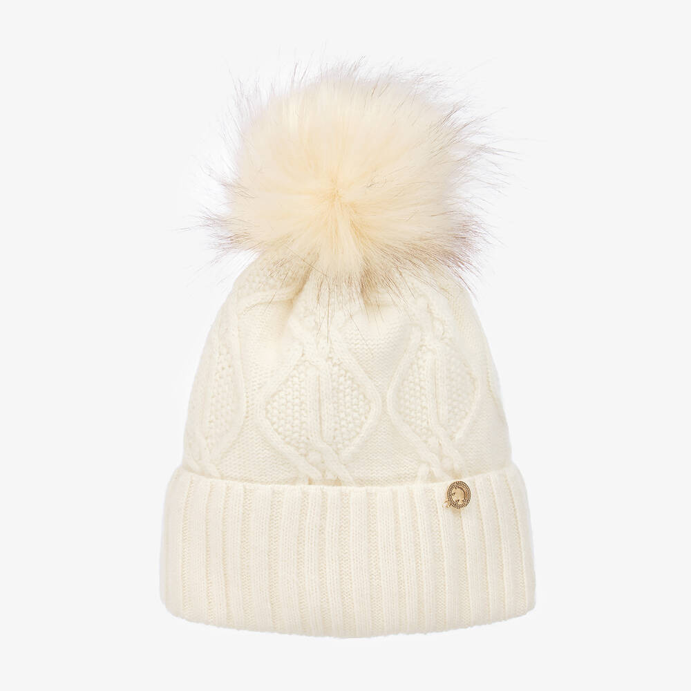 Jamiks - Girls Ivory Wool & Viscose Pom-Pom Hat | Childrensalon