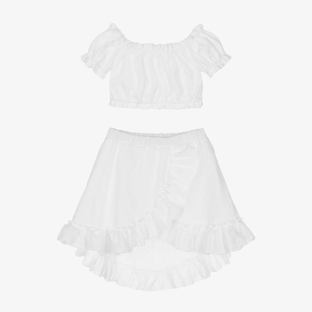 Jamiks - Girls White Embroidered Cotton Skirt Set | Childrensalon