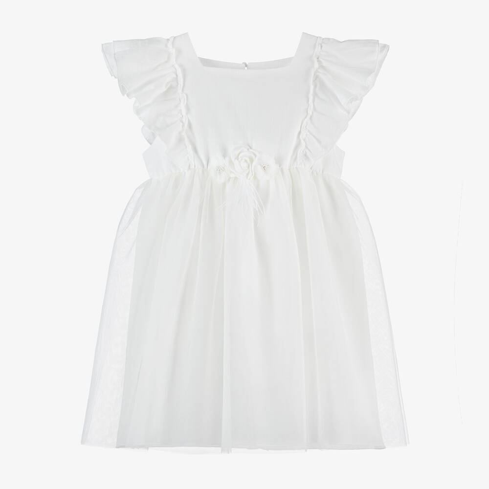Jamiks - Girls White Organic Cotton & Tulle Dress | Childrensalon