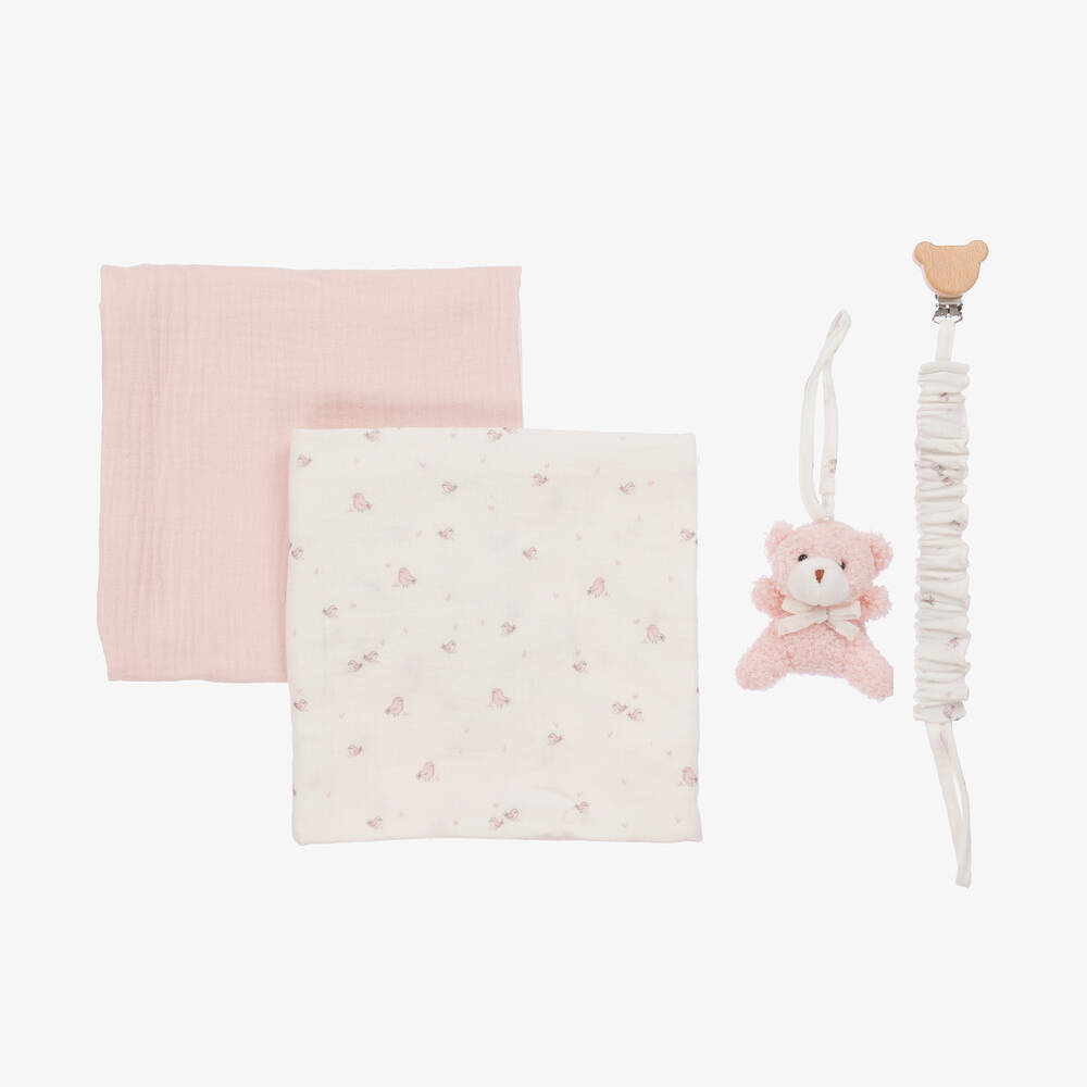 Jamiks Babies' Girls Pink Organic Cotton Muslin Cloth & Dummy Clip Set