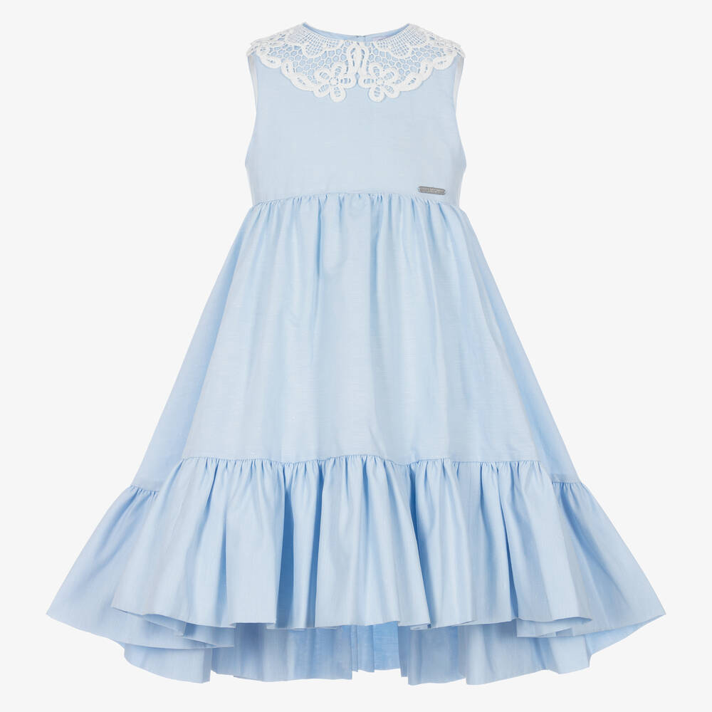 Jessie and James London - Blue Guipure Lace Collar Cotton Dress | Childrensalon