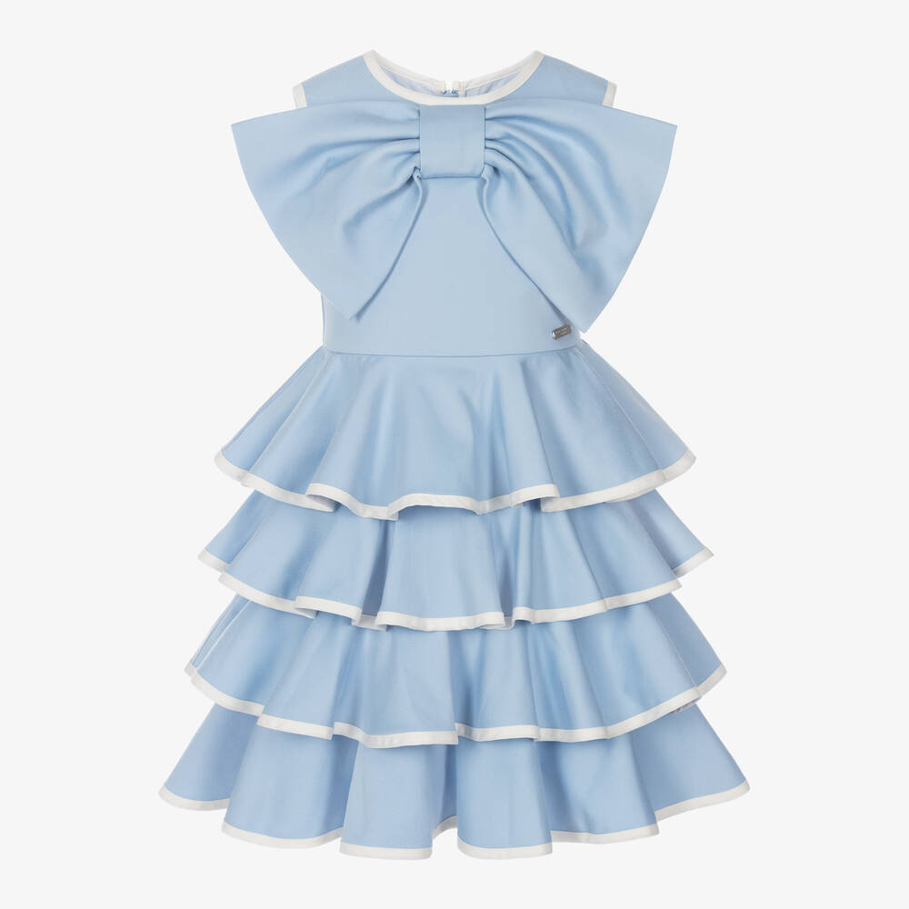 Jessie and James London - Girls Blue Cotton Bow Dress | Childrensalon