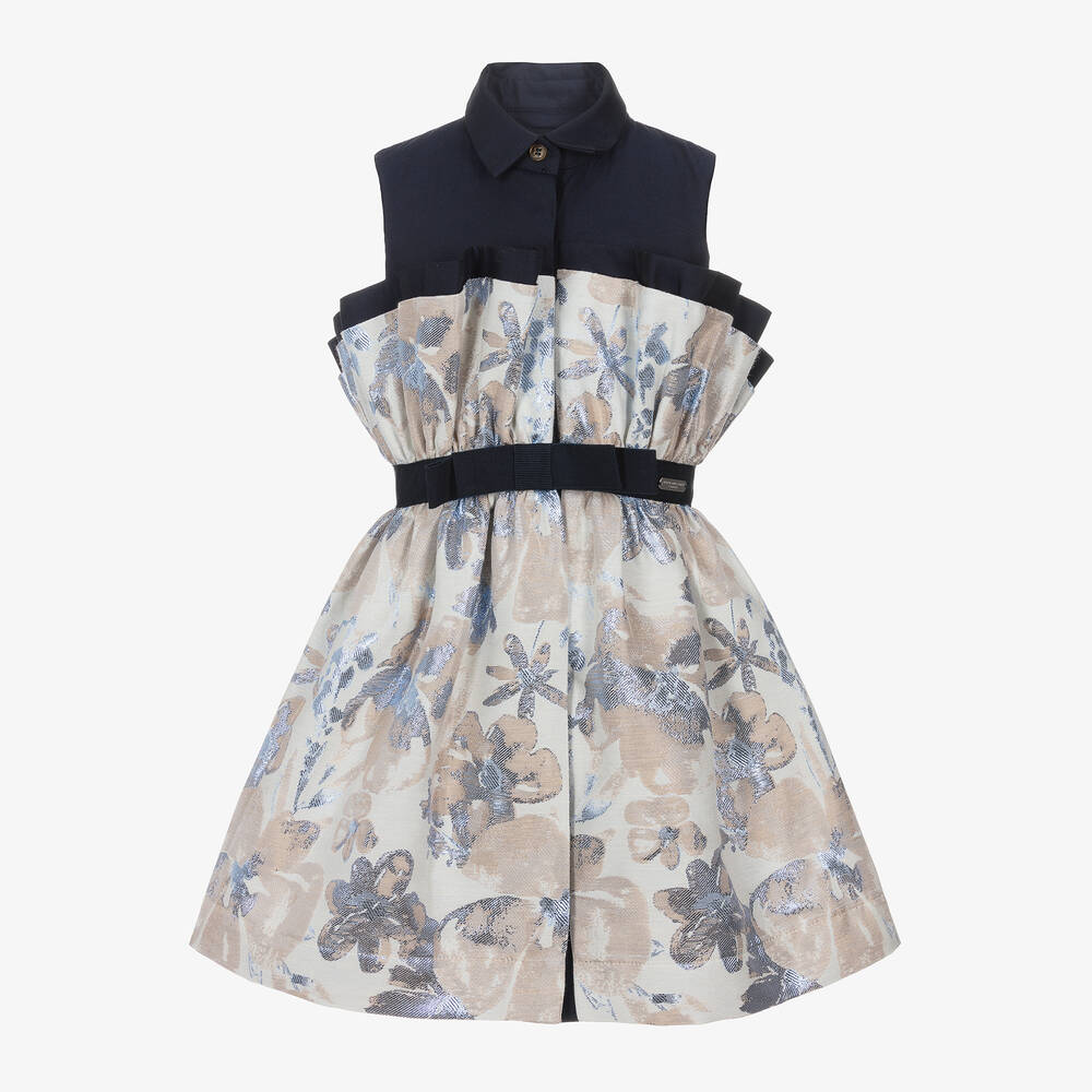 Jessie and James London - Girls Blue Cotton Floral Jacquard Dress | Childrensalon
