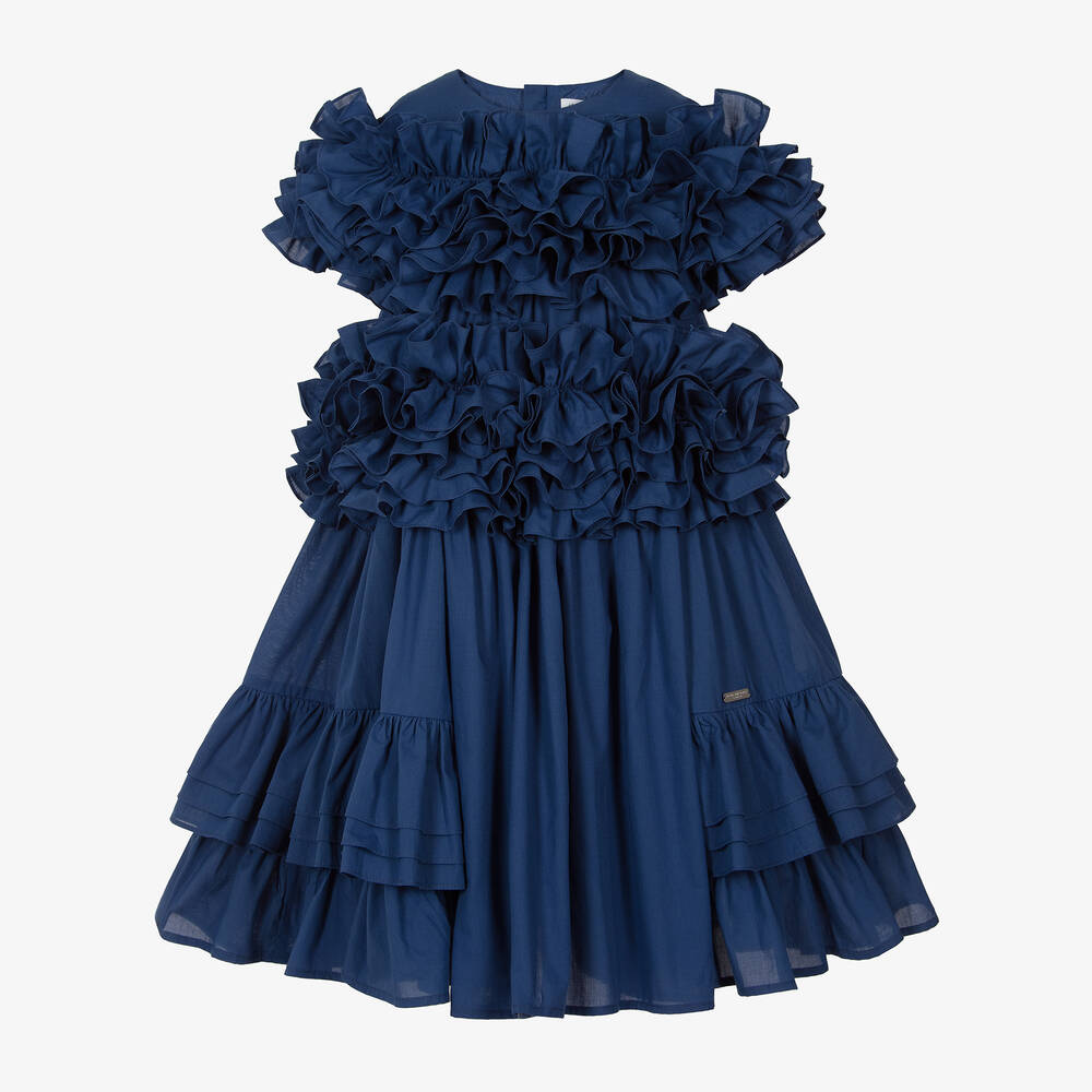 Jessie and James London - Girls Blue Cotton Ruffle Dress | Childrensalon