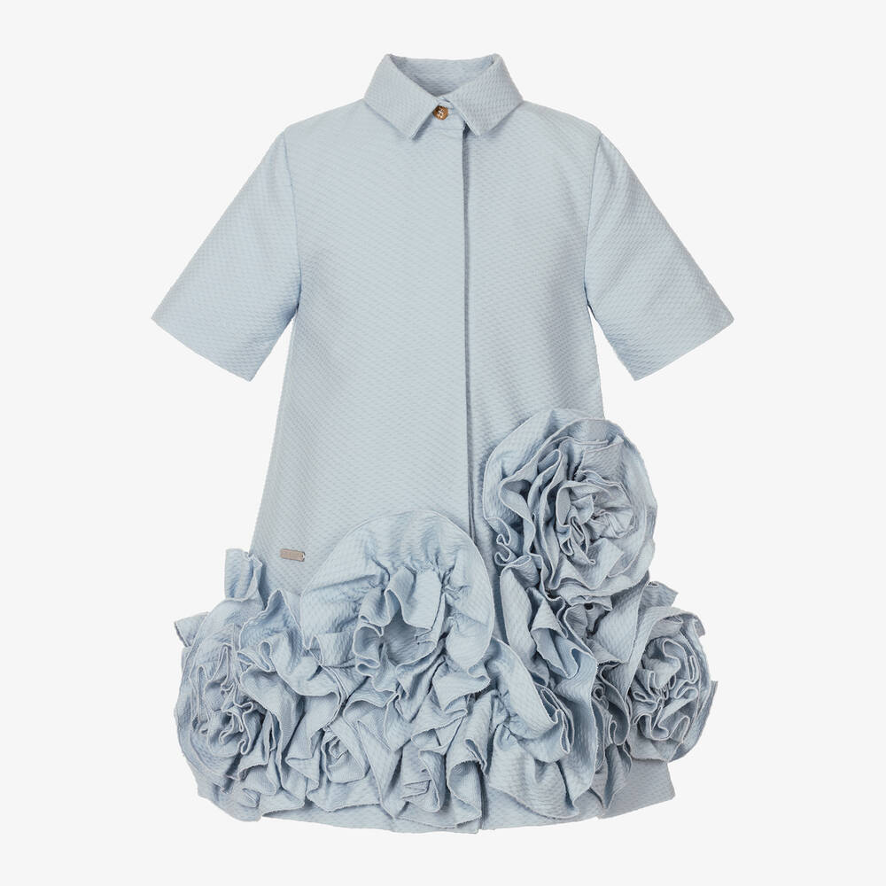 Jessie and James London - Girls Blue Cotton Ruffle Hem Shirt Dress | Childrensalon