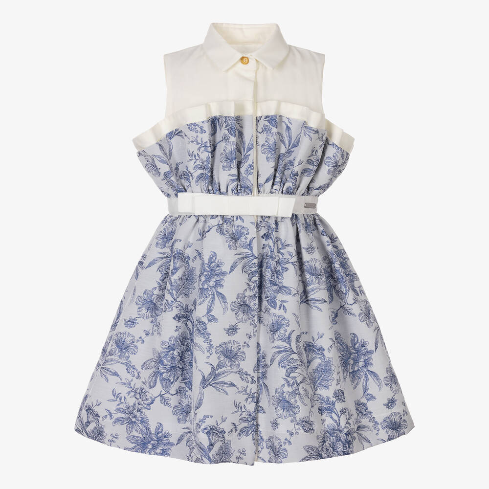 Jessie and James London - Голубое платье из жаккардового хлопка с цветами | Childrensalon