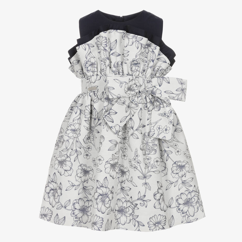Jessie and James London - Girls Blue Jacquard Floral Cotton Dress | Childrensalon